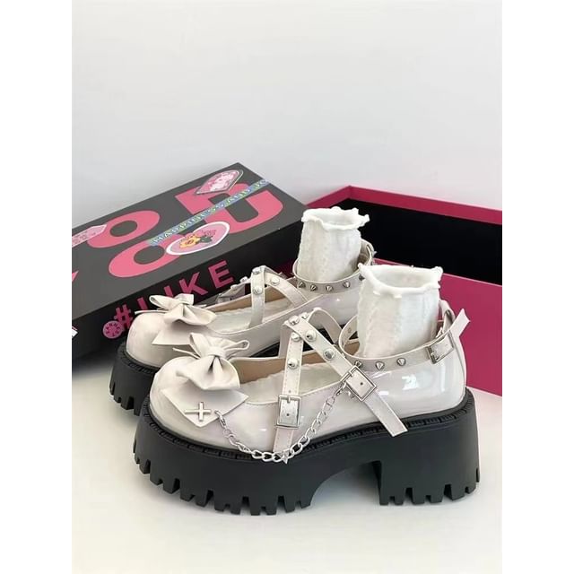 Chunky Bow Strap Jane Cross Mary Pumps Platform Studded Heel