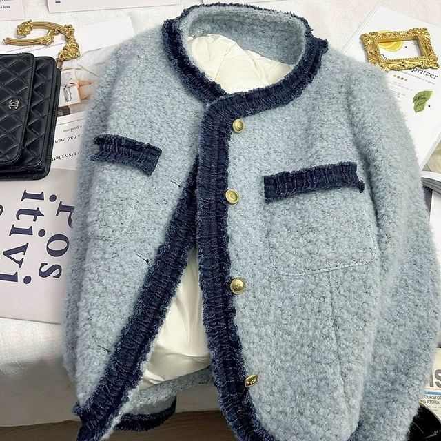 Panel Denim Round Button Boucle Jacket Neck