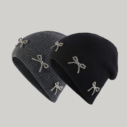 Studded Beanie Metallic Bow Knit