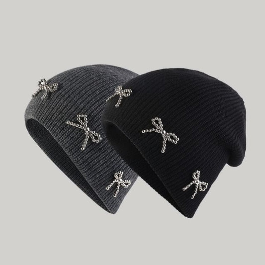 Studded Beanie Metallic Bow Knit