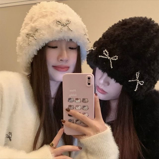 Bow Studded Metallic Beanie Chenille