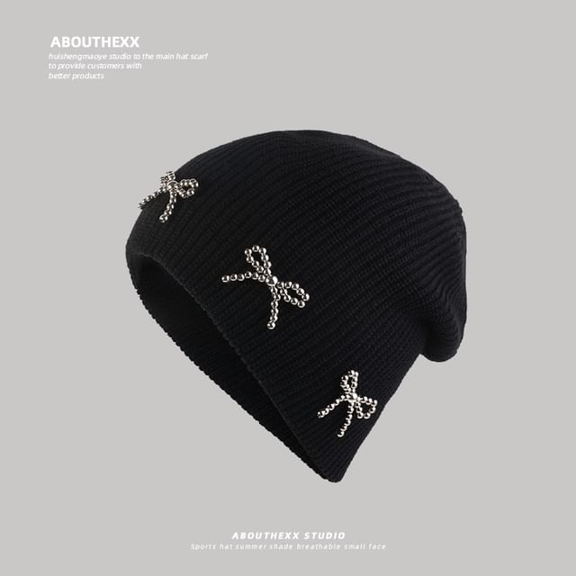 Studded Beanie Metallic Bow Knit