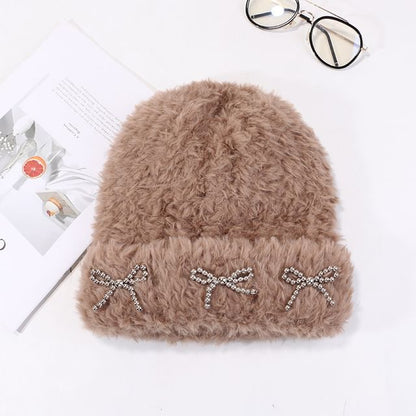 Bow Studded Metallic Beanie Chenille