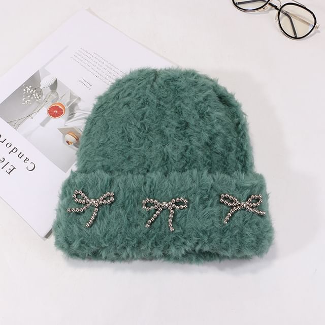 Bow Studded Metallic Beanie Chenille