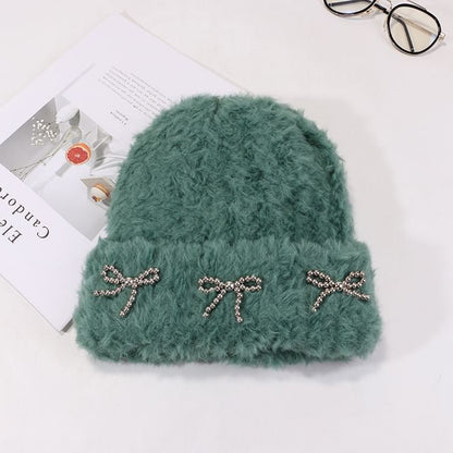 Bow Studded Metallic Beanie Chenille