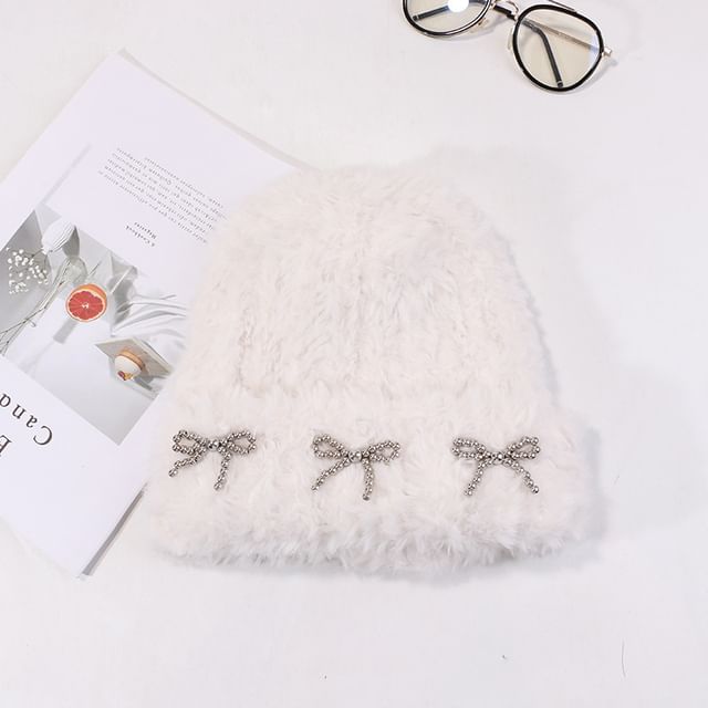 Bow Studded Metallic Beanie Chenille