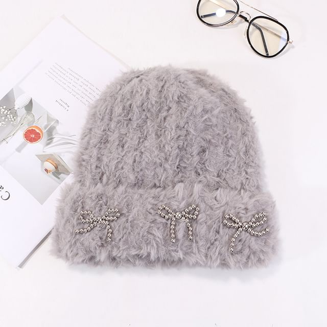 Bow Studded Metallic Beanie Chenille