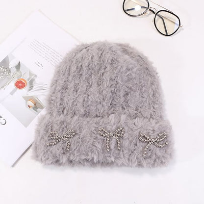 Bow Studded Metallic Beanie Chenille