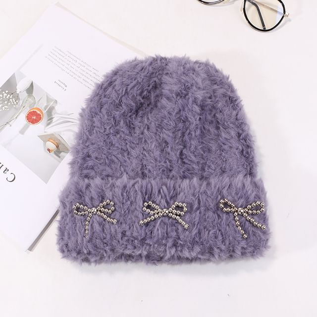 Bow Studded Metallic Beanie Chenille