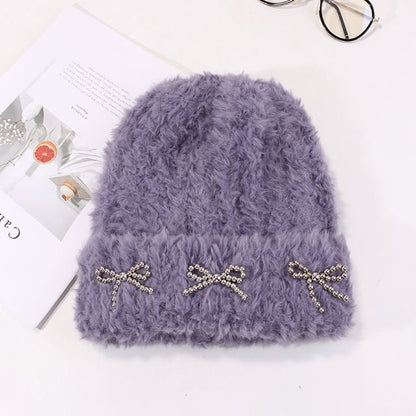 Bow Studded Metallic Beanie Chenille