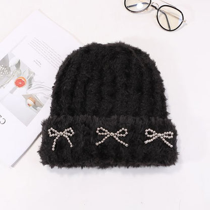 Bow Studded Metallic Beanie Chenille