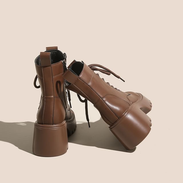 Leather Short Boots Genuine Lace-Up Platform Plain