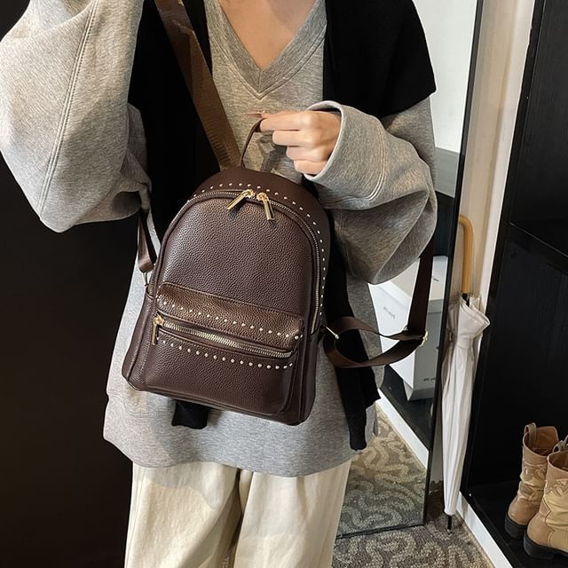 Studded Faux Backpack Plain Leather