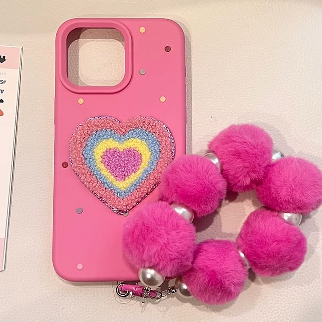 Set Phone Case Heart Pom Strap / Embroidered