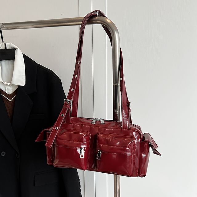 Multi-Pocket Shoulder Leather Bag Faux