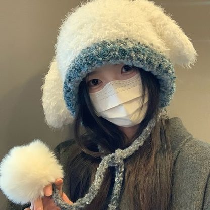 Hat Fluffy Knit Panel Rabbit Pom Ear