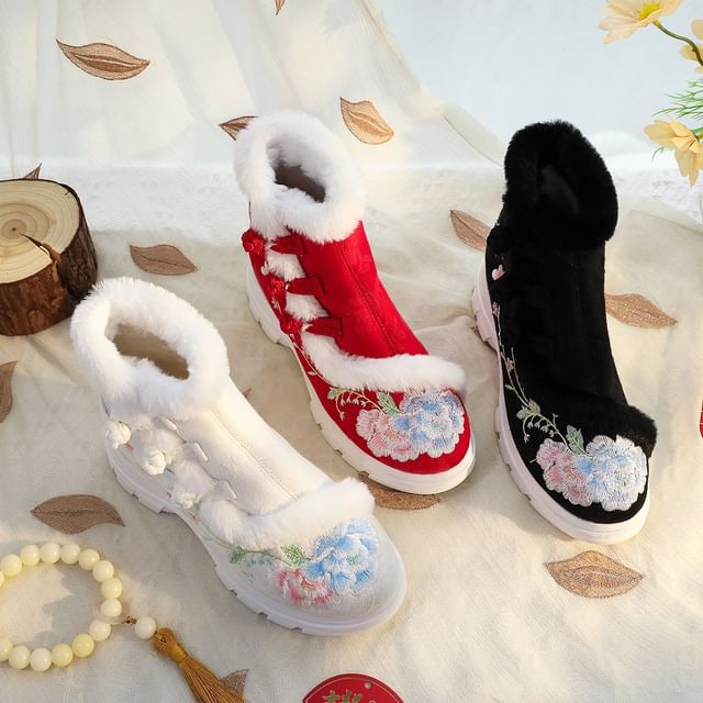 Floral Furry Trim Boots Lace-Up Short Embroidery