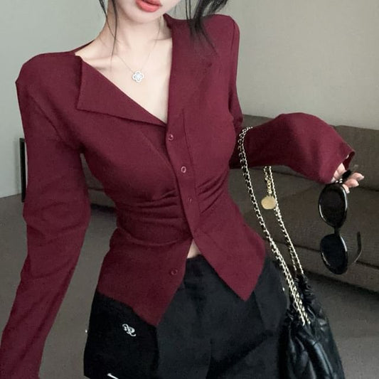 V-Neck Sleeve Plain Ruched Top Long Button