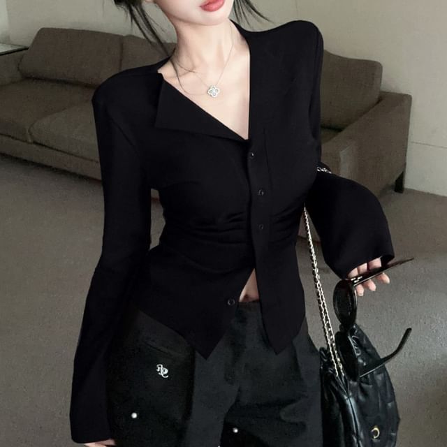 V-Neck Sleeve Plain Ruched Top Long Button