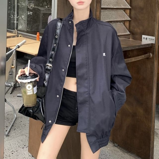 Jacket Stand Collar Zip Embroidered