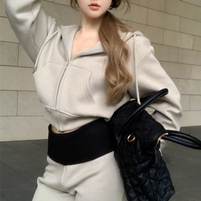 Hoodie / Zip Sweatpants Plain Drawstring Two High Tone Rise Bootcut Crop