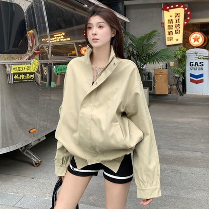 Jacket Stand Collar Zip Embroidered