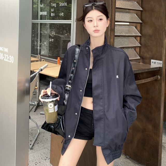 Jacket Stand Collar Zip Embroidered