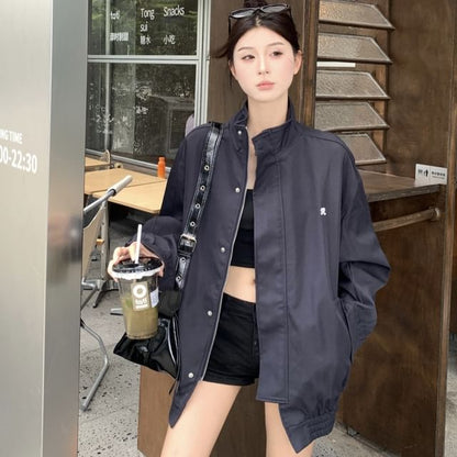 Jacket Stand Collar Zip Embroidered