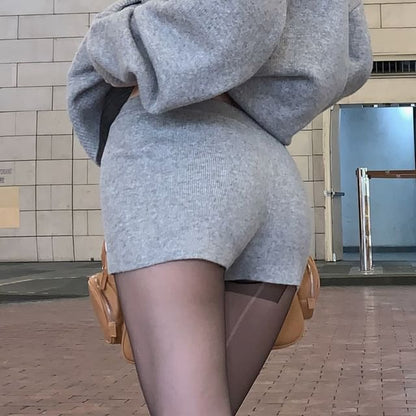 / Applique Shorts Rise Hoodie Knit Melange Zip Mid