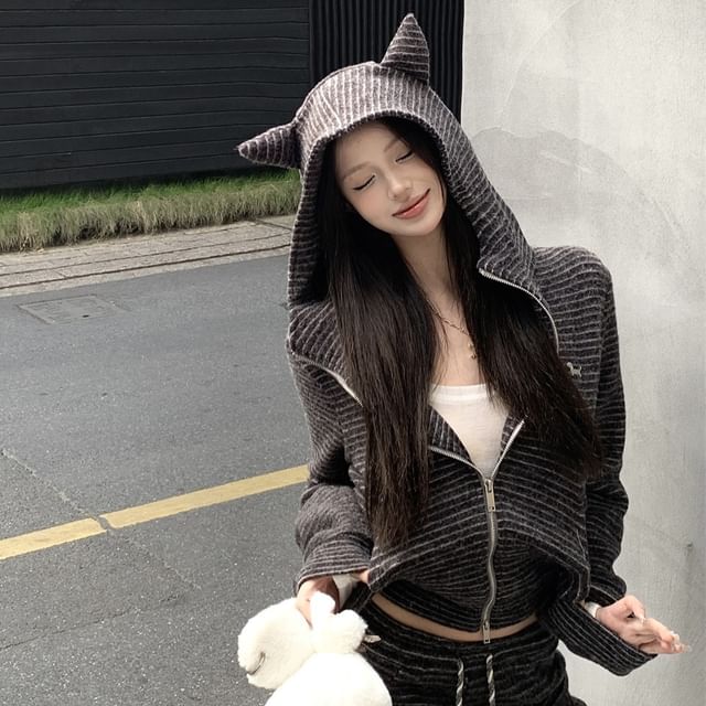 / Accent Drawstring Waist Devil Hoodie Crop Striped Zip Sweatpants Horn Bootcut