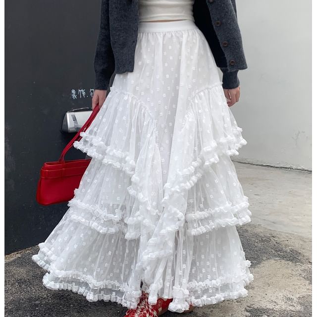 Rise A-Line Skirt High Floral Maxi Asymmetrical Ruffle