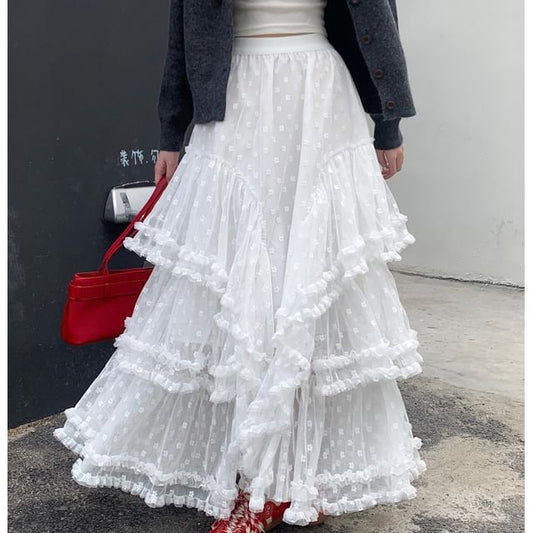 Rise A-Line Skirt High Floral Maxi Asymmetrical Ruffle