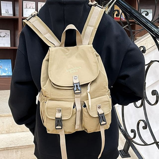 Embroidered Lettering Buckled Nylon Backpack Flap