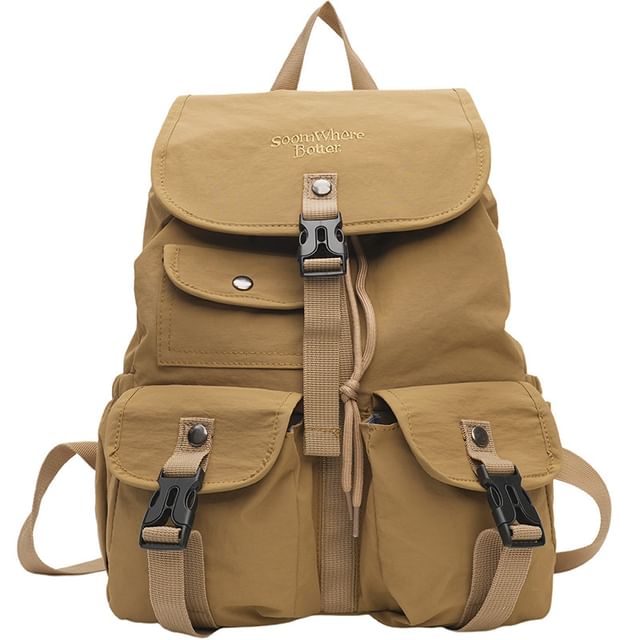 Embroidered Lettering Buckled Nylon Backpack Flap