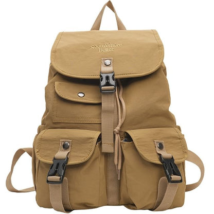 Embroidered Lettering Buckled Nylon Backpack Flap