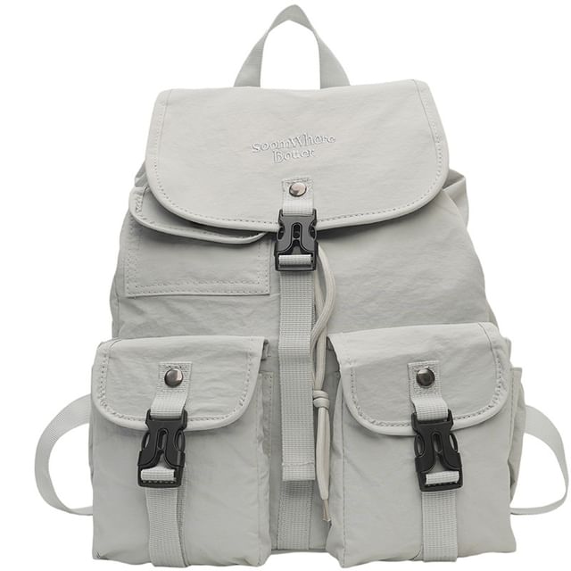 Embroidered Lettering Buckled Nylon Backpack Flap