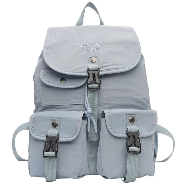 Embroidered Lettering Buckled Nylon Backpack Flap
