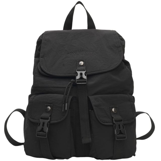 Embroidered Lettering Buckled Nylon Backpack Flap