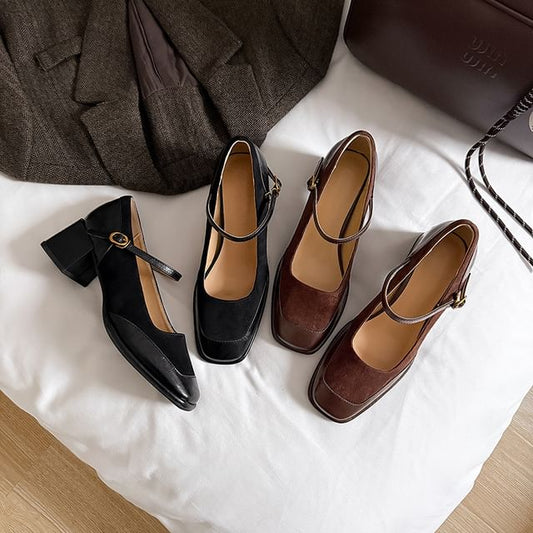 Leather Plain Pumps Faux Panel Jane Square Toe Heel Mary Chunky