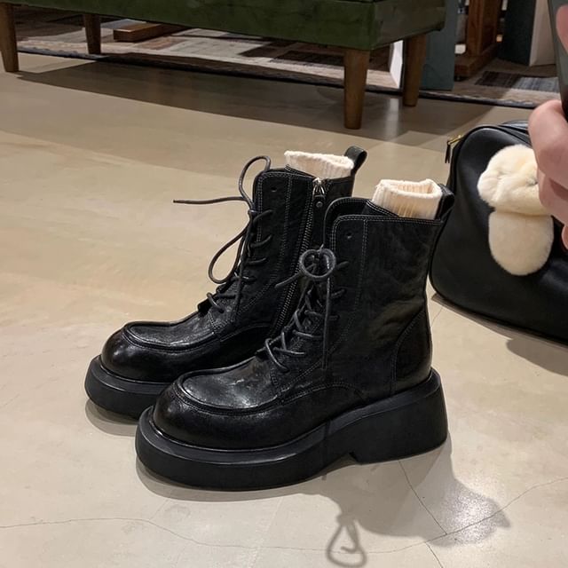 Plain Boots Leather Short Platform Faux Lace-Up