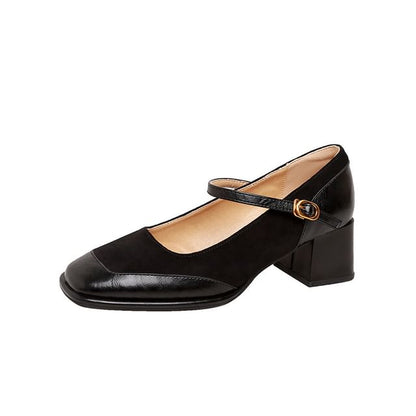 Leather Plain Pumps Faux Panel Jane Square Toe Heel Mary Chunky