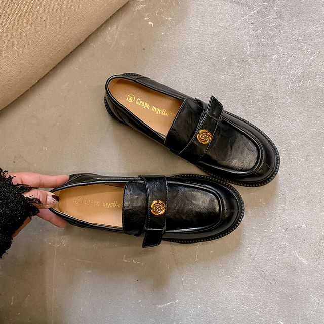 Floral Loafers Faux Leather Platform Accent