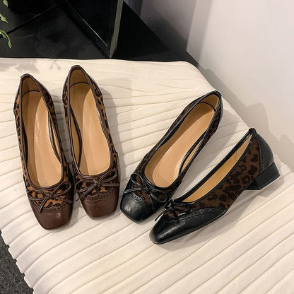 Pumps Brogue Heel Accent Panel Print Bow Leopard Low Faux Leather