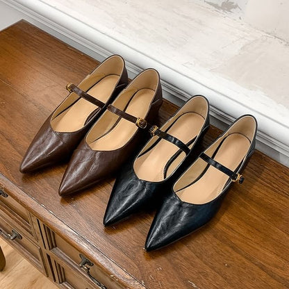 Heel Mary Leather Faux Buckled Pointed Pumps Plain Jane Toe Low