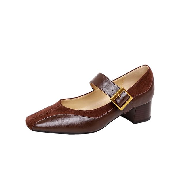 Buckled Panel Mary Pumps Jane Faux Chunky Plain Heel Leather