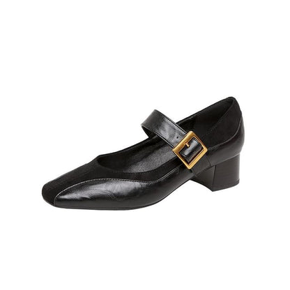 Buckled Panel Mary Pumps Jane Faux Chunky Plain Heel Leather