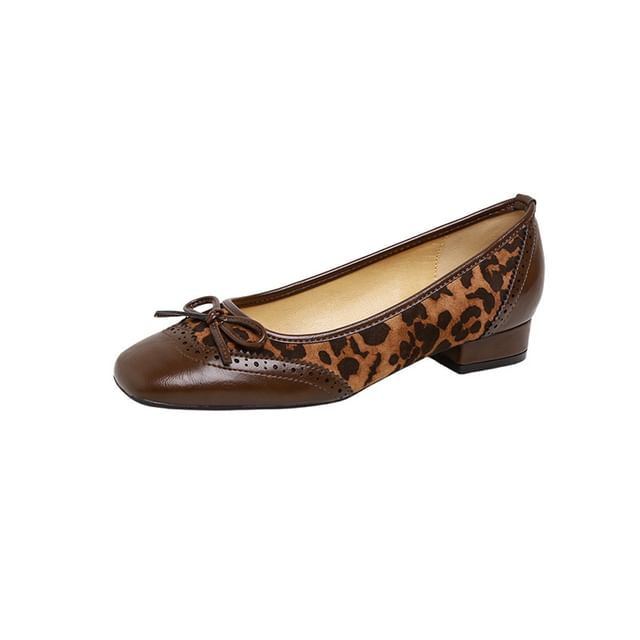 Pumps Brogue Heel Accent Panel Print Bow Leopard Low Faux Leather