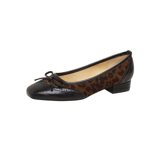 Pumps Brogue Heel Accent Panel Print Bow Leopard Low Faux Leather