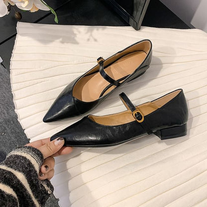 Heel Mary Leather Faux Buckled Pointed Pumps Plain Jane Toe Low
