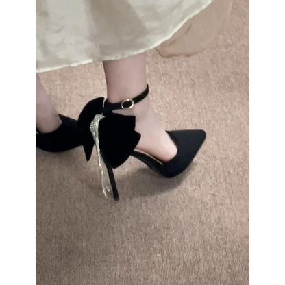 Platform Rhinestone Ankle Strap Toe Pointed Velvet Bow Fringe